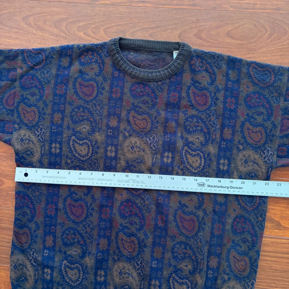 Vintage Made in Italy Mens XL Paisley Wool Blend Sweater Crewneck Blue Brown Y2K - Picture 6 of 7